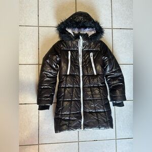 Calvin Klein Jeans Glossy Black Puffer Jacket with Faux Fur Trim